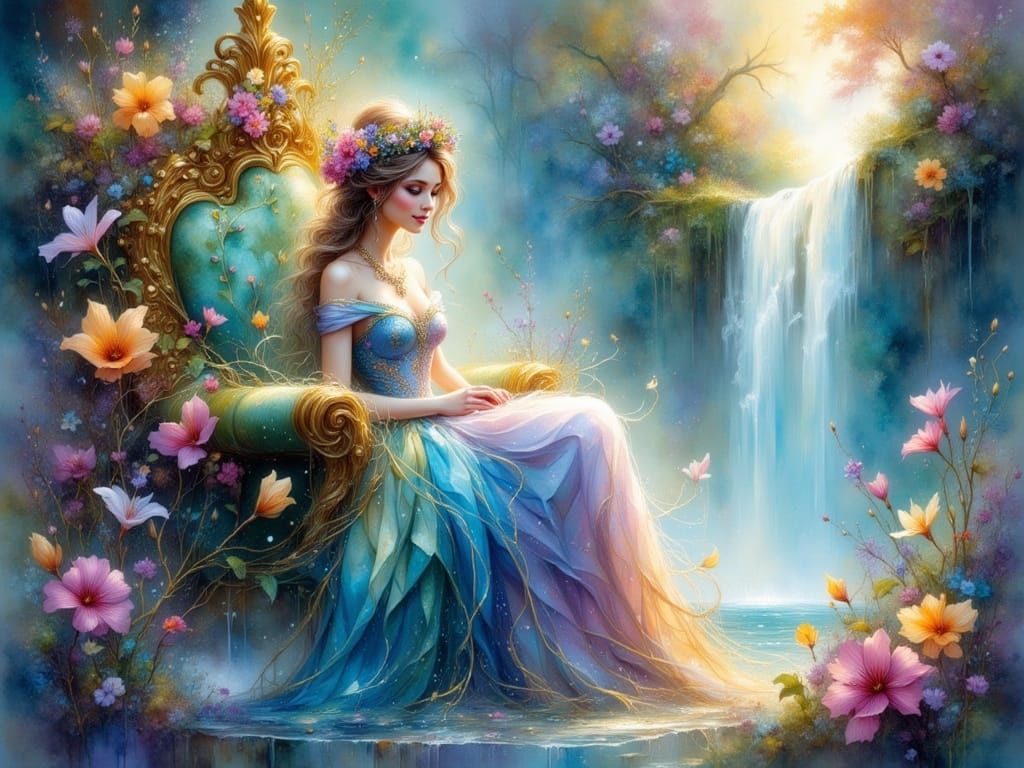 Princess on Bioluminescent Throne in Watercolor Style