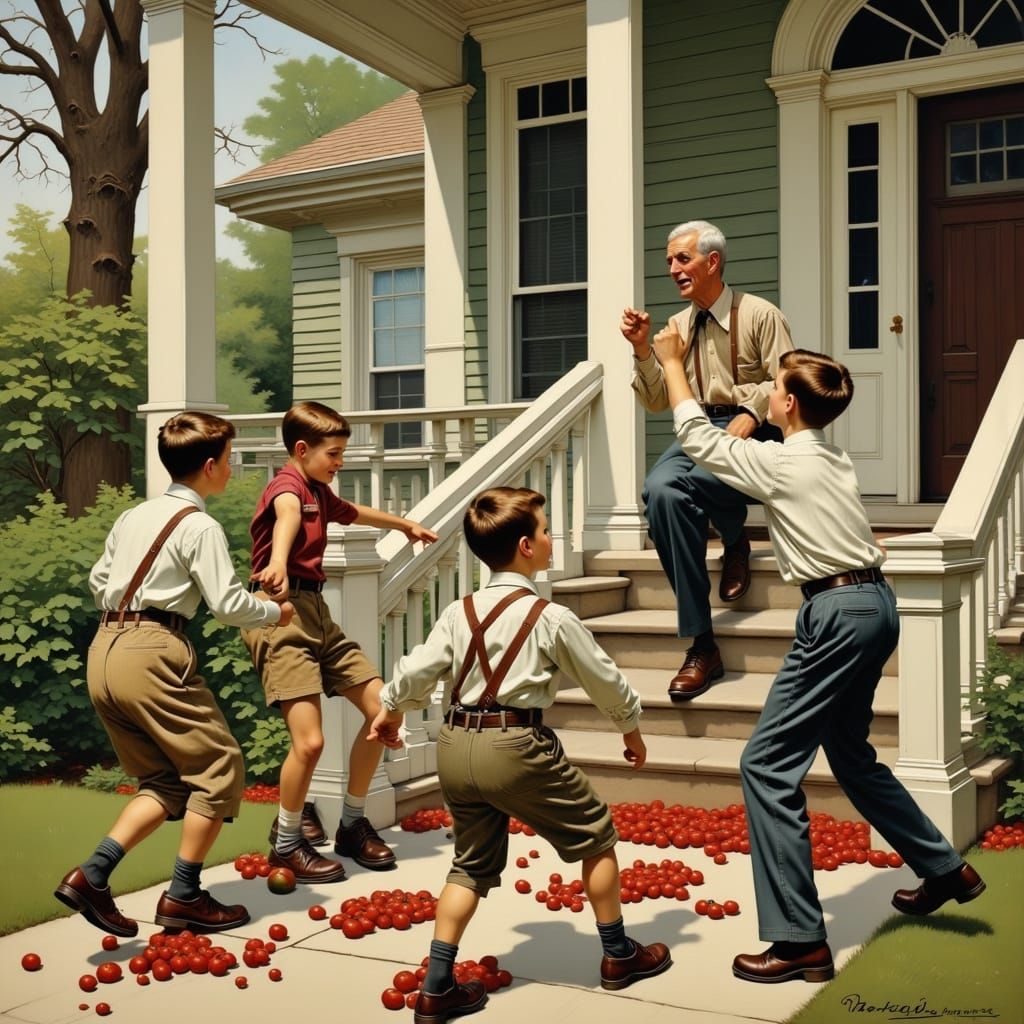 Boys Fleeing After Tomato Fight in Rockwell Style