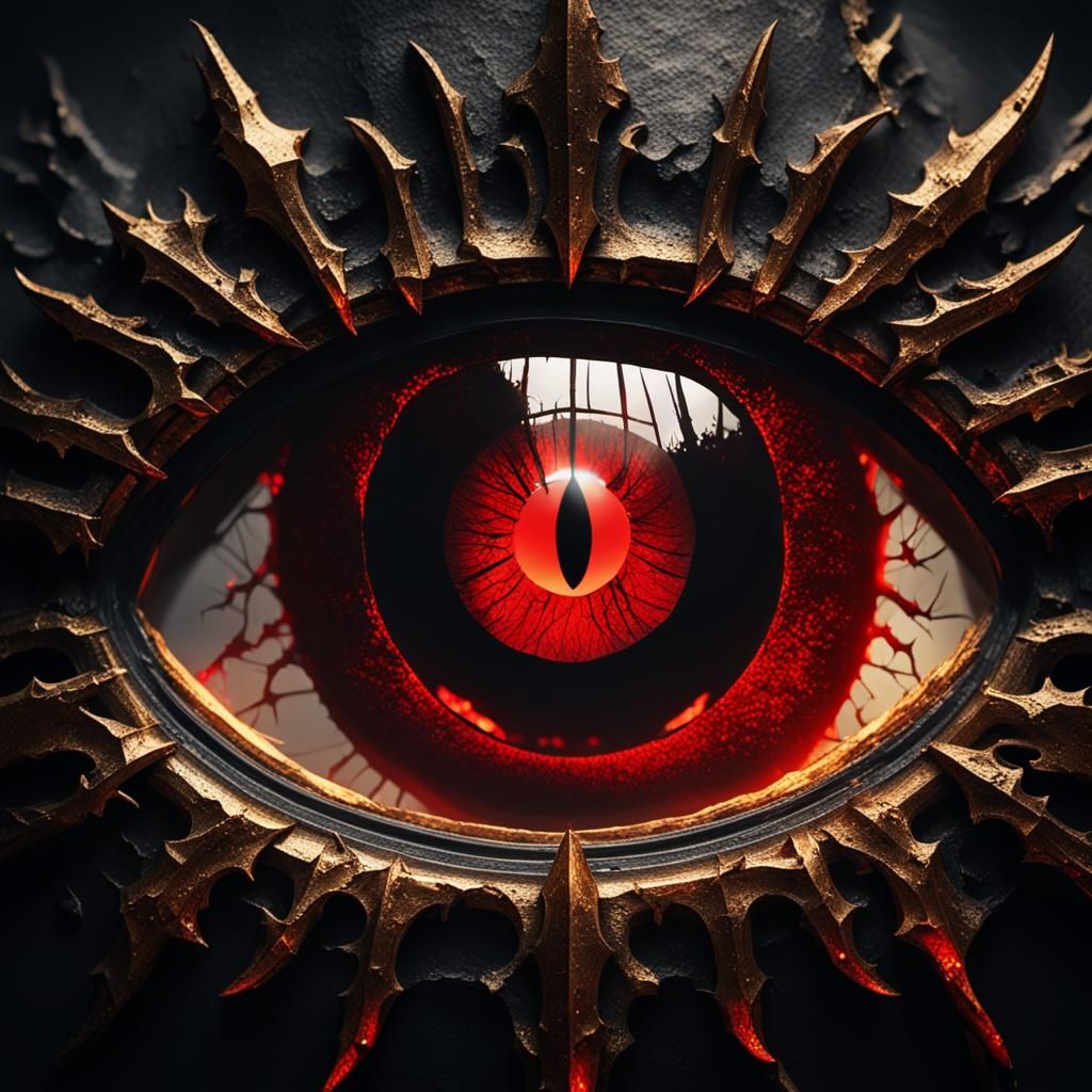 Glowing Red Eye in Shattered Mirror: Gothic Realism