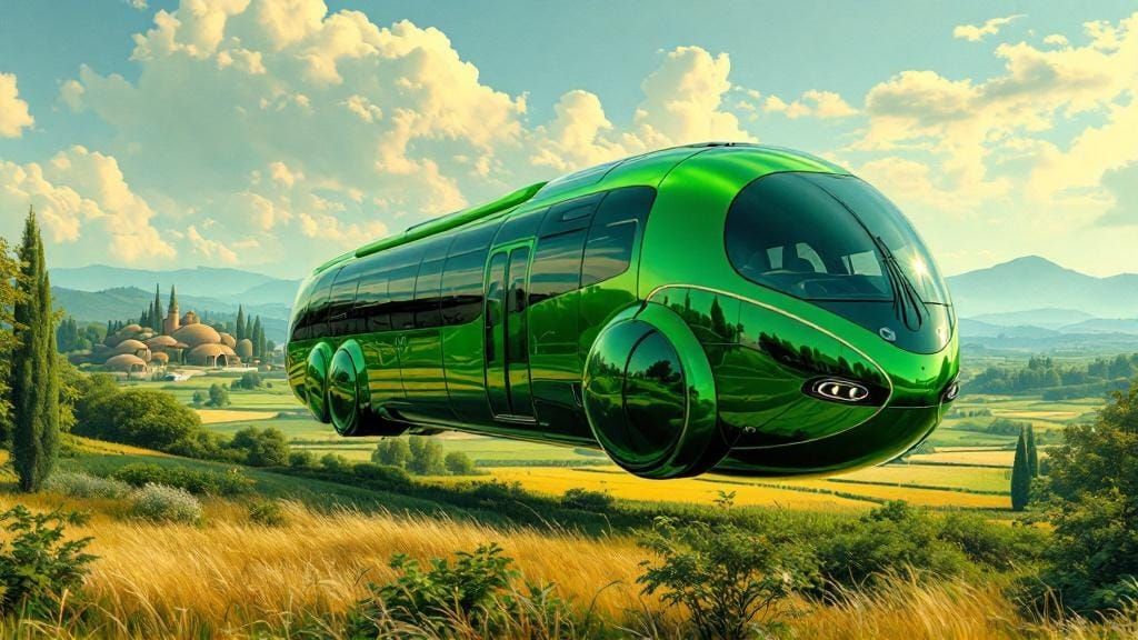 Futuristic Flying Bus Over Eco-Village as Airbrushed Art