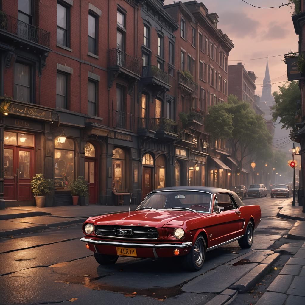 Red 1964 Mustang in Victorian Street Scene