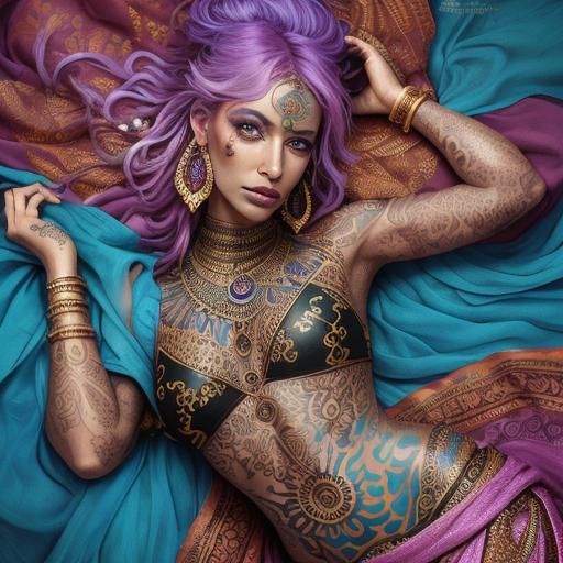 Cinematic Portrait of Woman with Colorful Hair and Henna