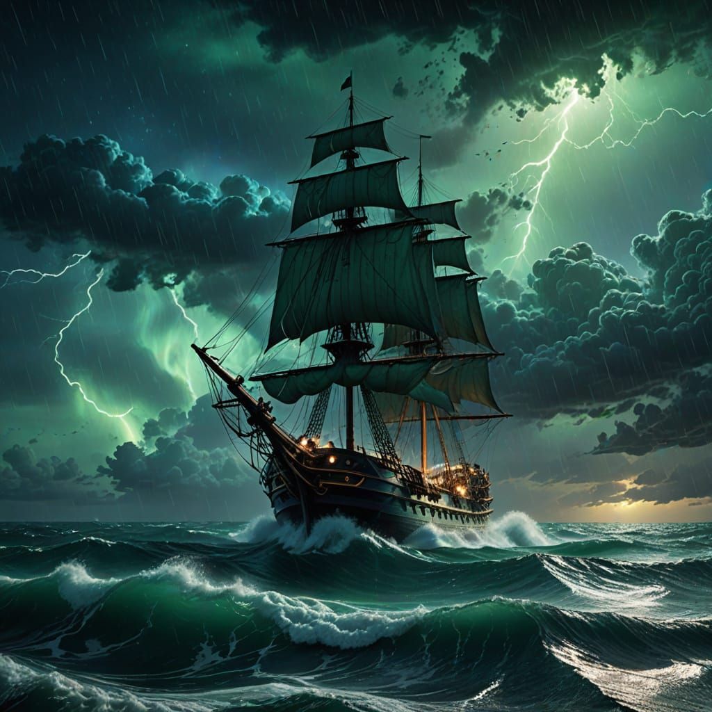 Epic Pirate Ship Sails Through Bioluminescent Stormy Sea in ...