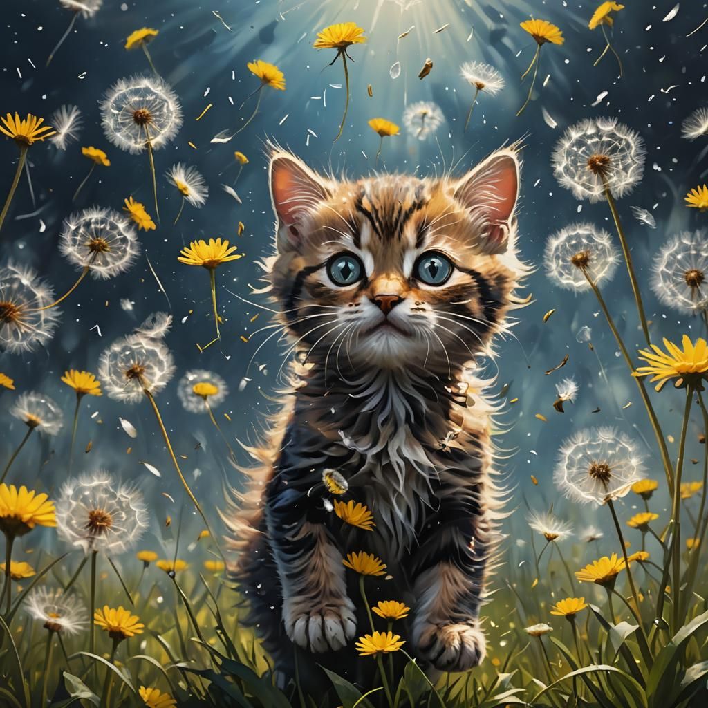 Kitten and Dandelion Seeds in Oil Painting