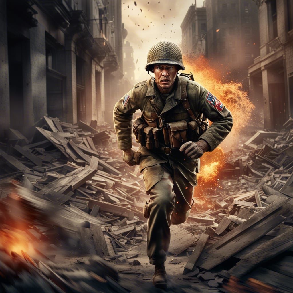 WW2 Soldier in War-Torn City: Digital Art