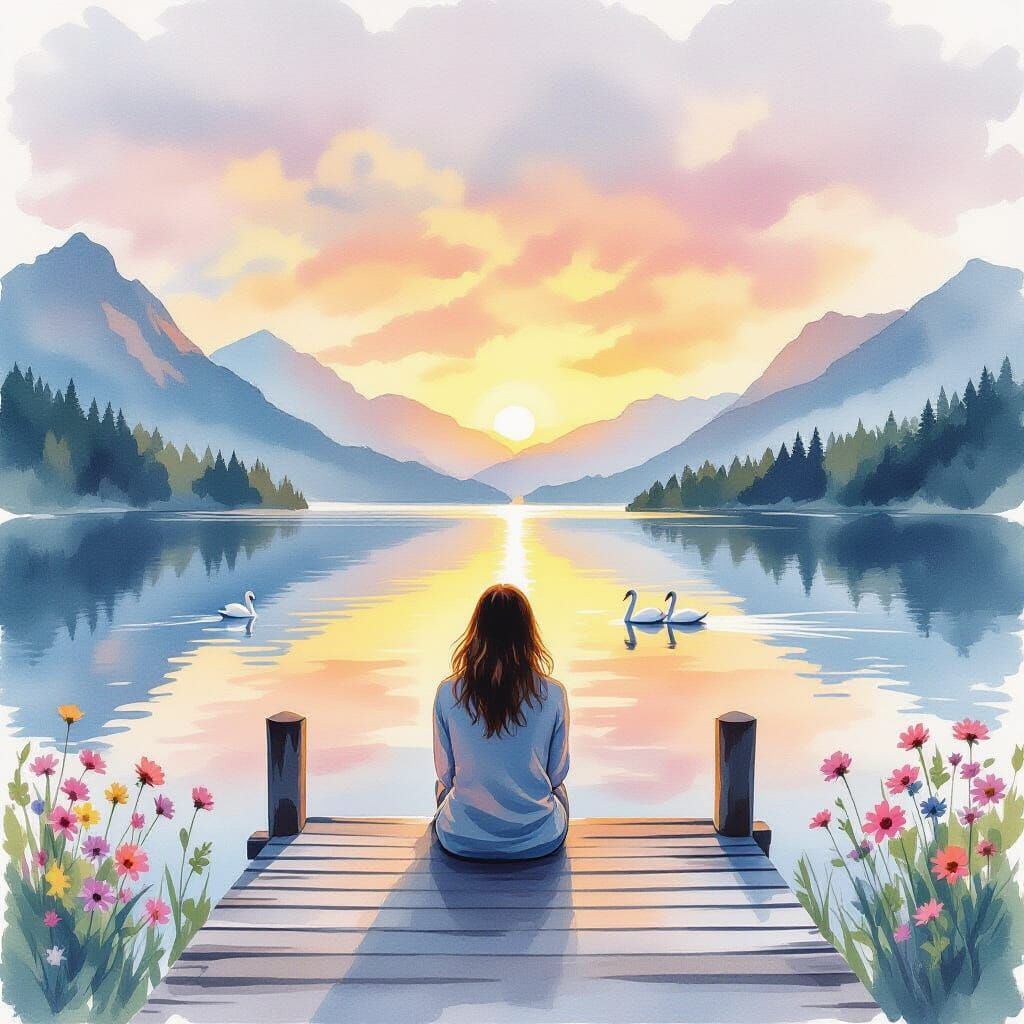 Woman Meditating at Sunrise Watercolour Painting