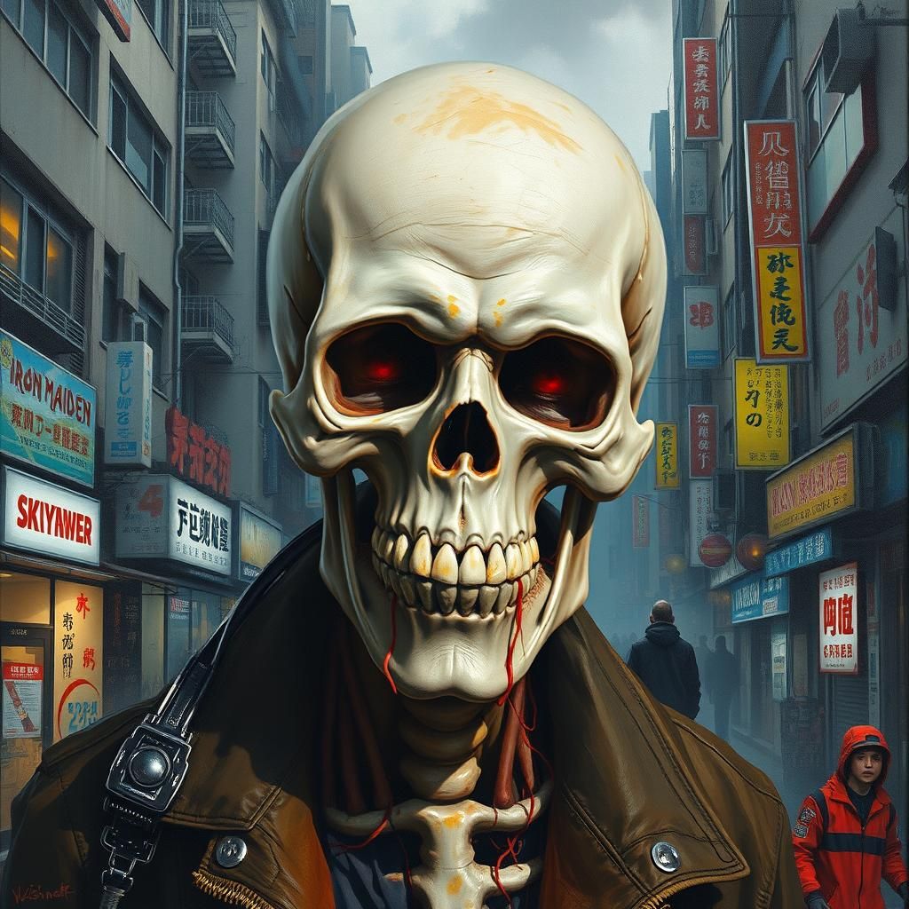 Cyberpunk Skull Man on Hong Kong Street
