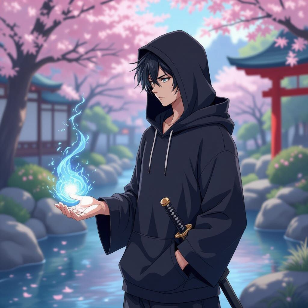 Anime Mage in Japanese Garden, Cel-Shaded Style