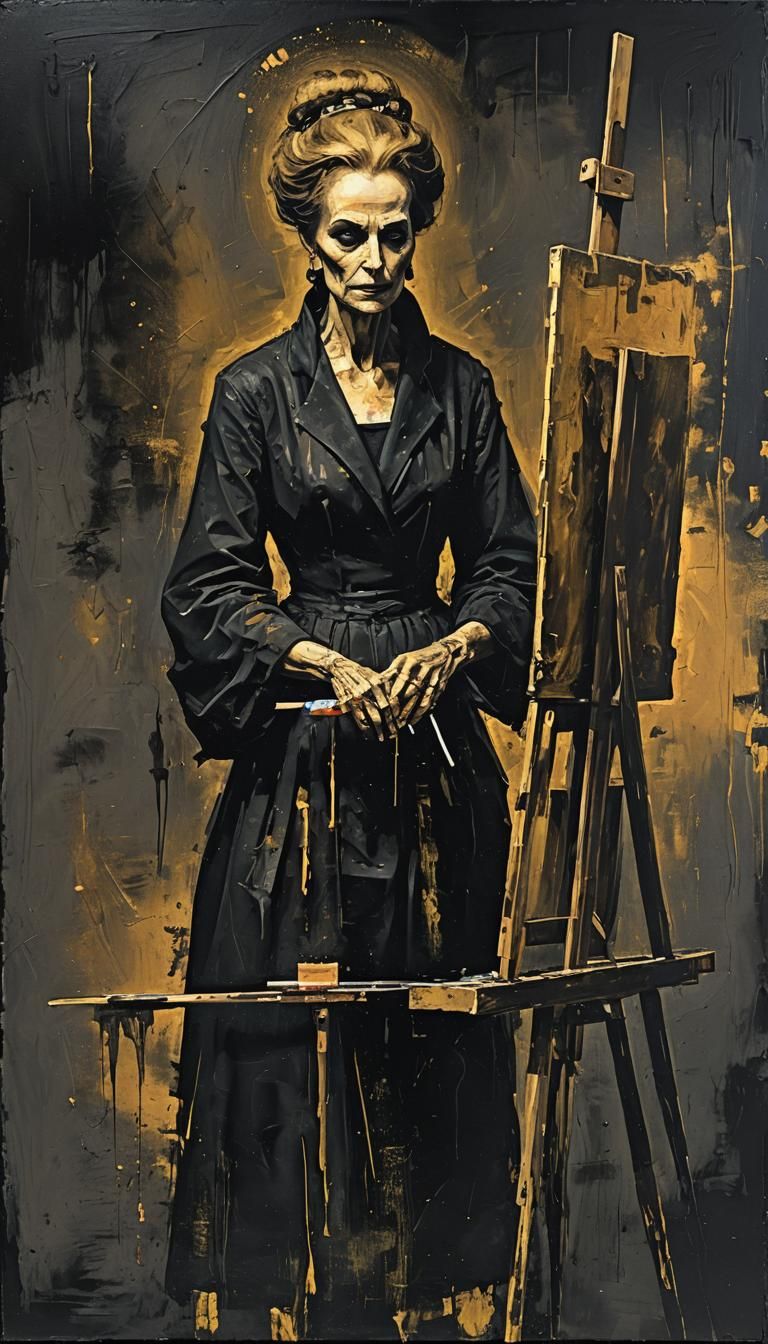 Black Godmother Painting with Golden Highlights in Impasto S...