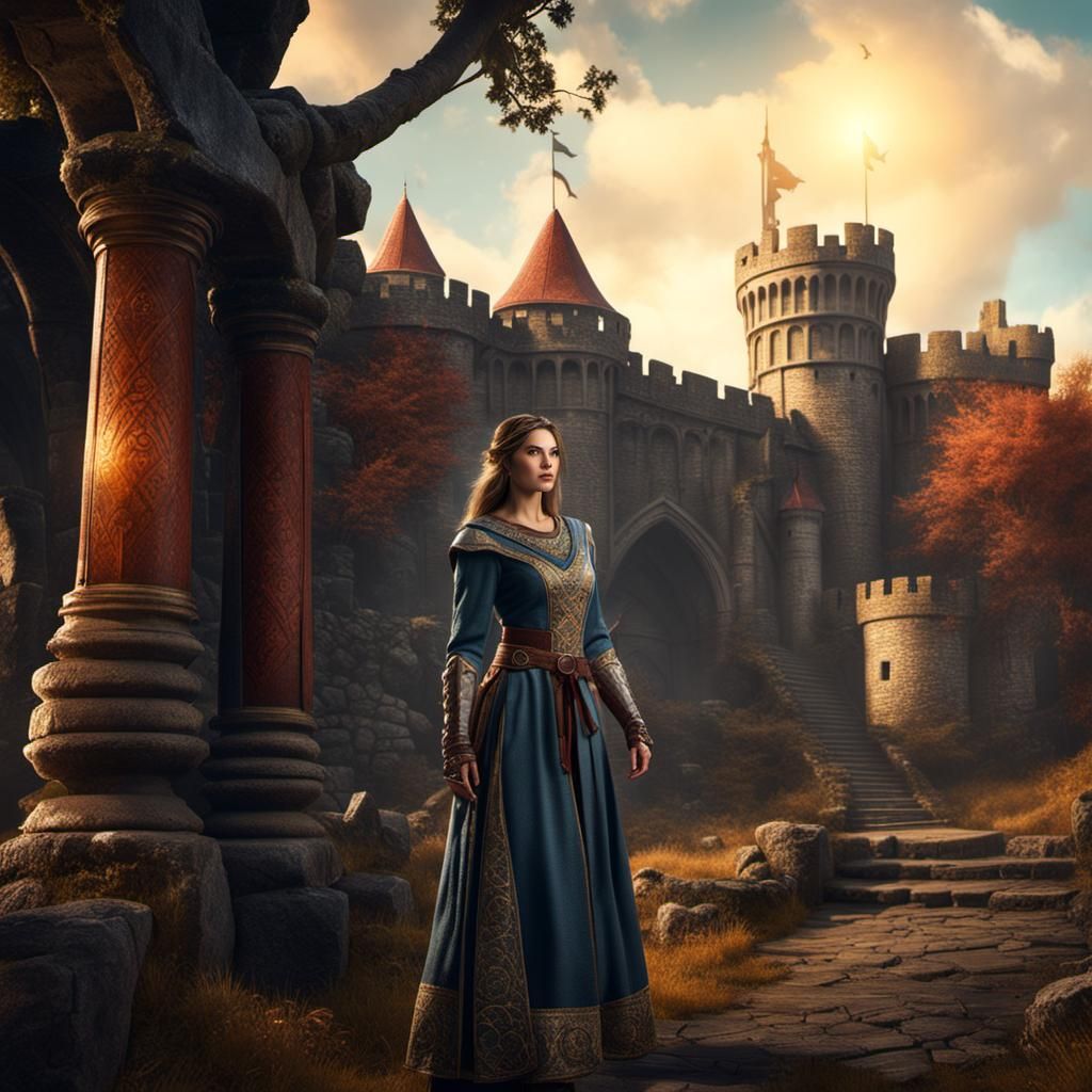 Medieval Lady Adventurer Exploring Ancient Fortress