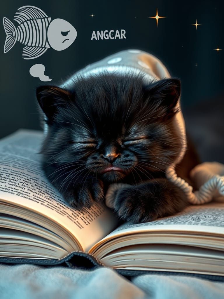 8k HDR semi-real image A chubby black Angora kitten, sleeping on an open book as if it were a pillow, with tiny paws and...