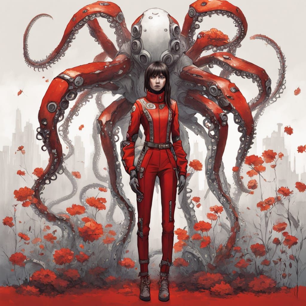Sci-Fi Woman in Red Mech Suit with Octopus Arms and Flowers