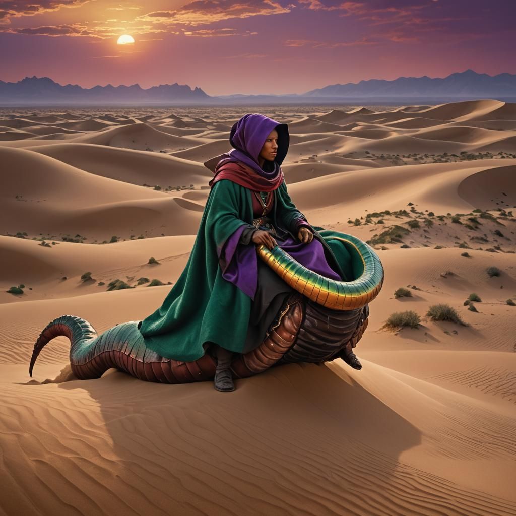 Nomad Rides Sandworm in Vermeer-Inspired Sunset