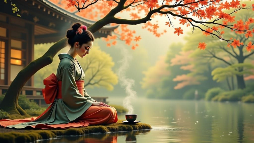 Serene Japanese Tea Ceremony with Kimono Woman