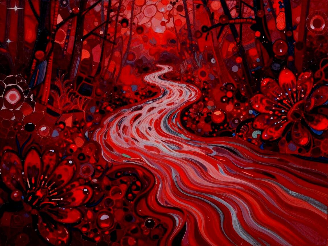 Crimson River Dreams: Expressionist Mixed Media Art