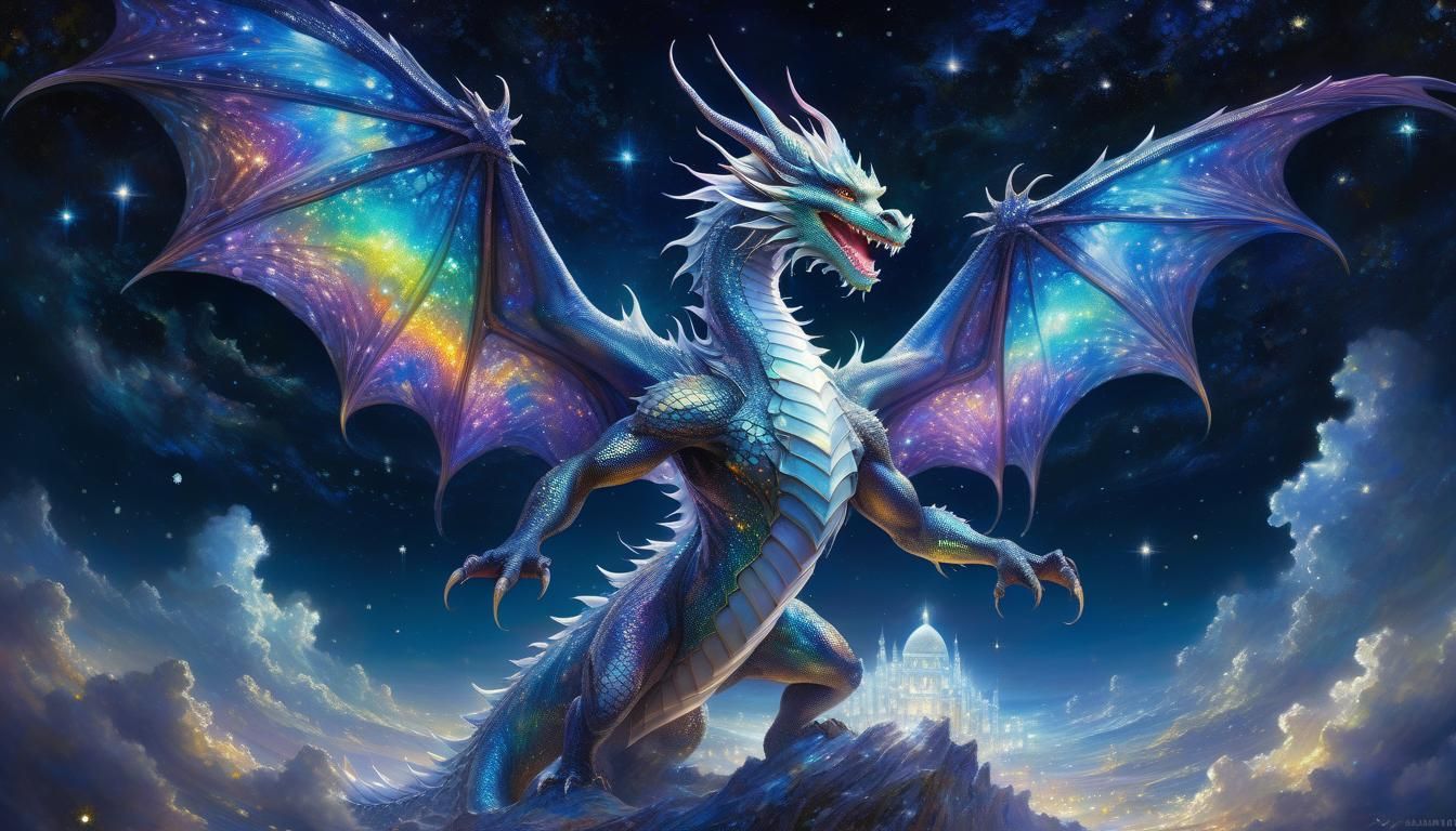 Smiling Dragon-Human Hybrid Under Starry Iridescent Skies