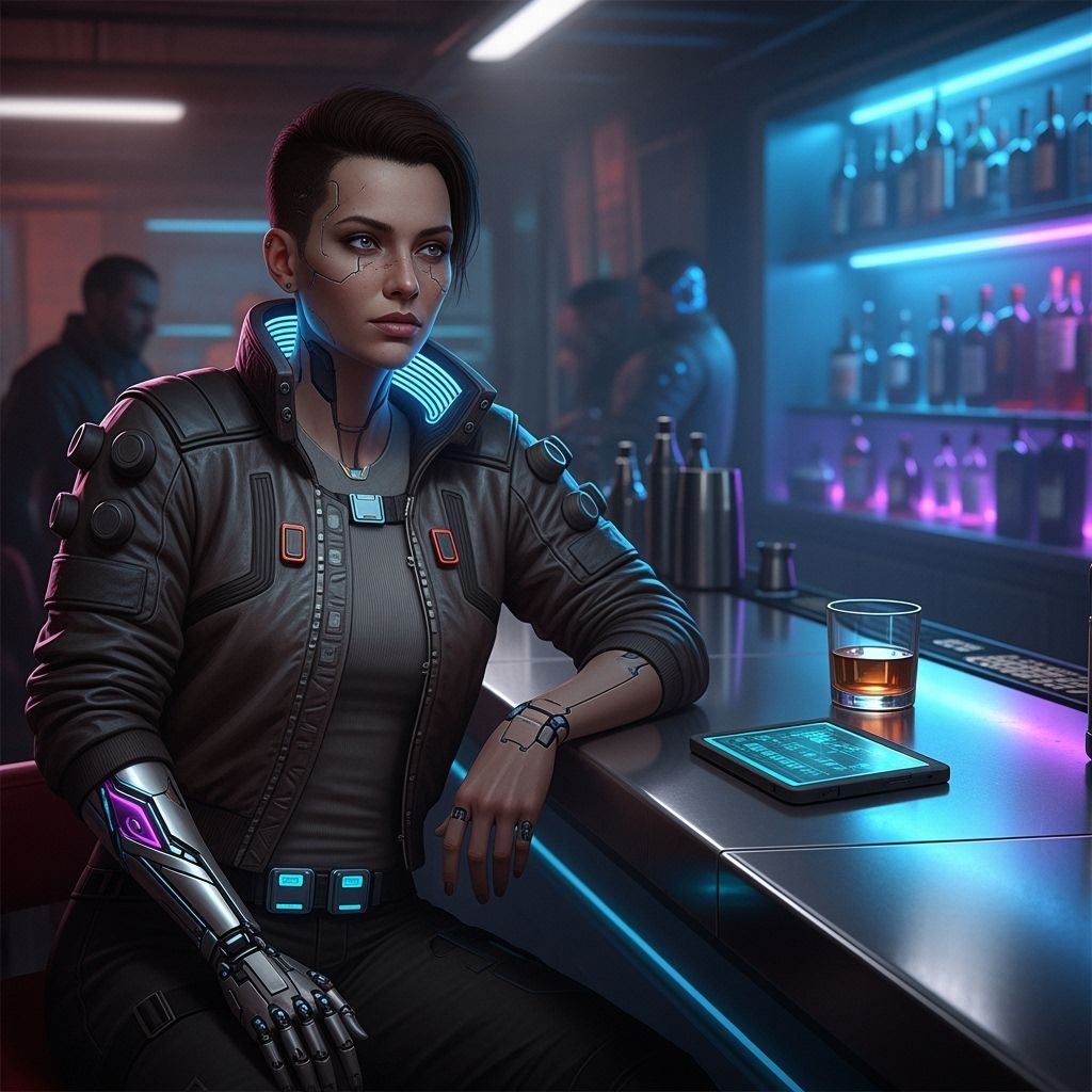 Cyberpunk Female at Bar in Shadowrun Style