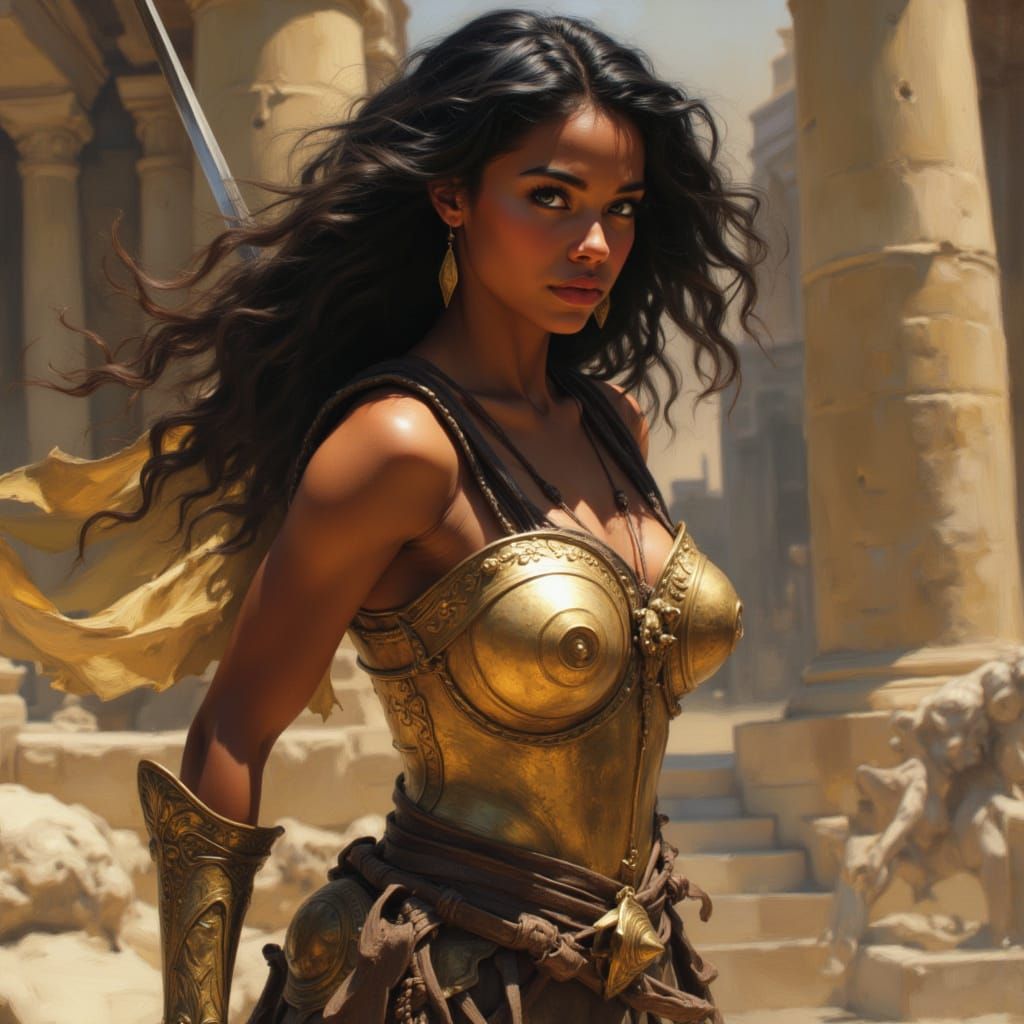 Warrior Goddess Fights Ogres on Temple Steps