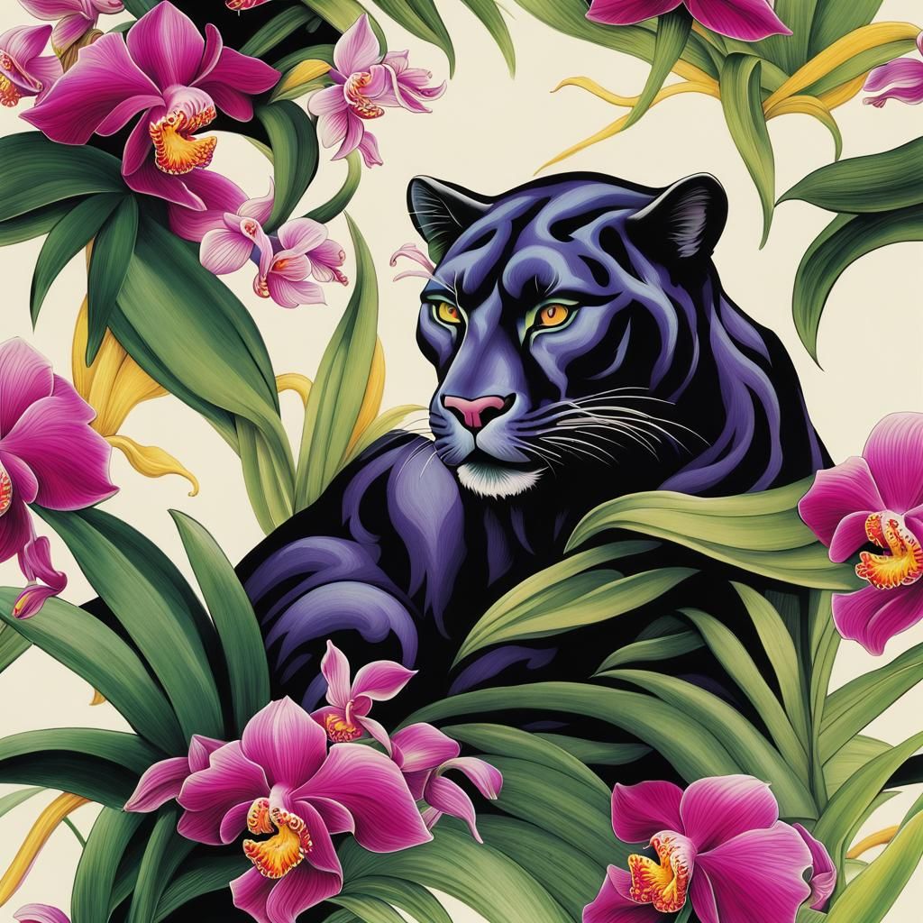Panther and Orchids with Tattoo Art Motifs