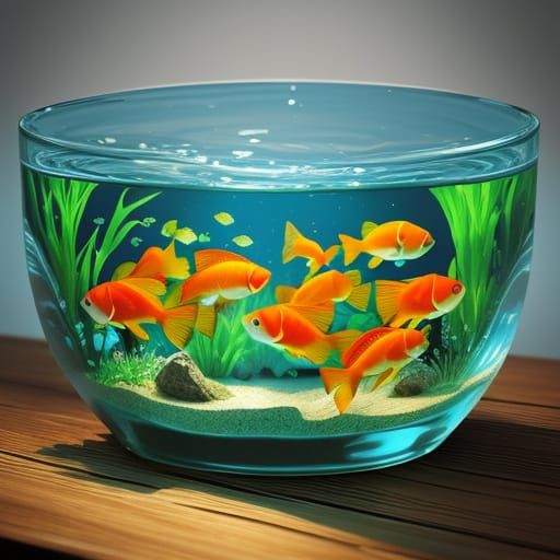 Whimsical Watercolor Fishbowl Scene with Iridescent Goldfish