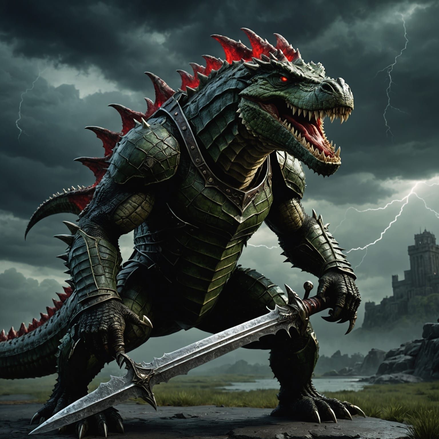 A Hyperrealistic 3D render of a massive, sinister crocodile ...