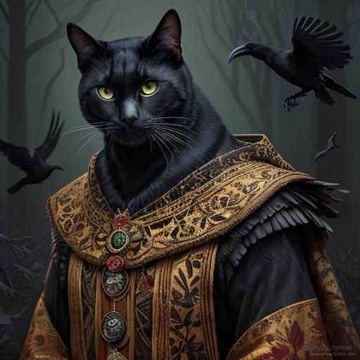 Black Cat and Crows in Autumnal Woods