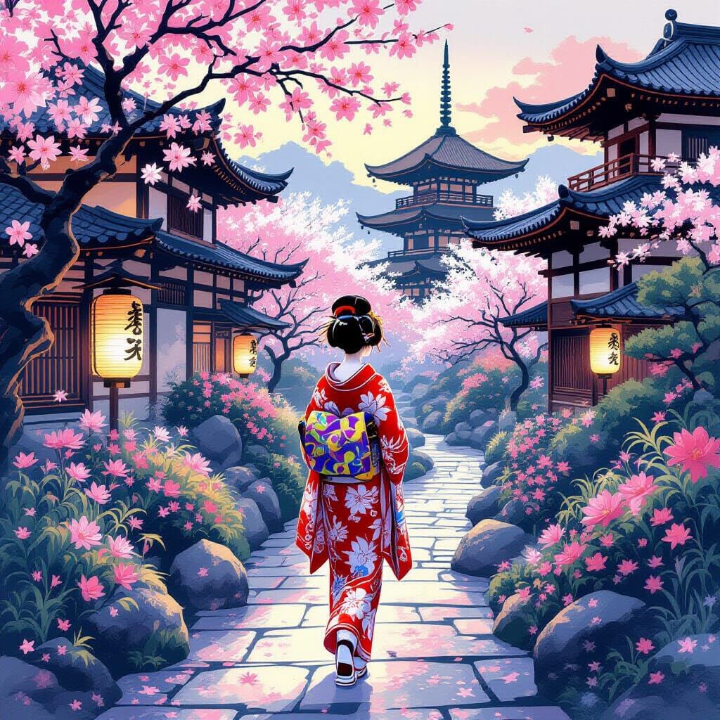 Geisha in Lush Garden at Twilight, Ukiyo-e Style