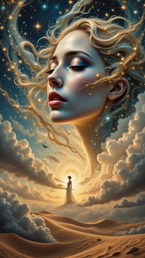 Celestial Woman Over Desert in Cosmic Art Style