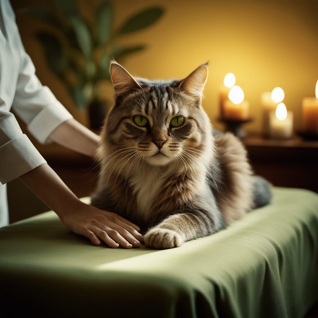 "A whimsical anthropomorphic cat with sleek olive-green fur, dressed as a professional masseur. The cat has expressive o...