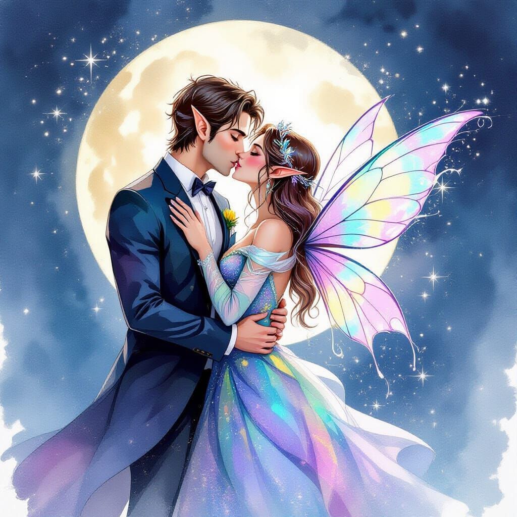 Elf Kisses Fairy in Watercolor Ink Splatter Style