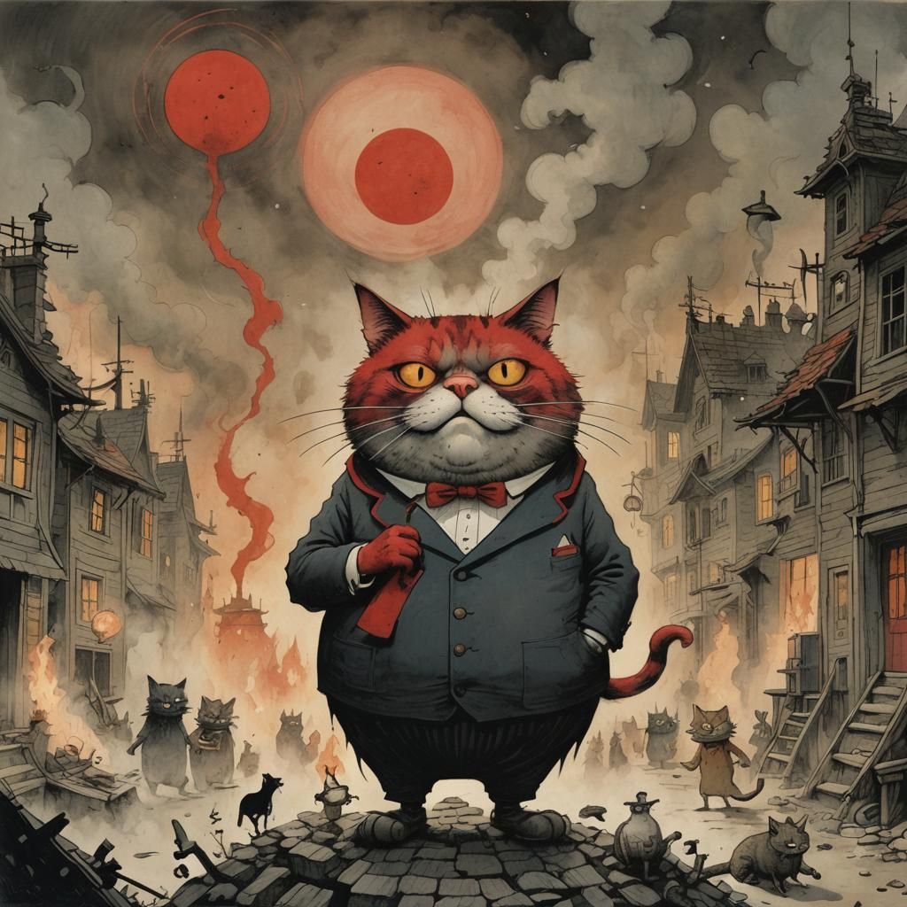 Surreal Fat Cat in Smoky Red Sun Nightmare