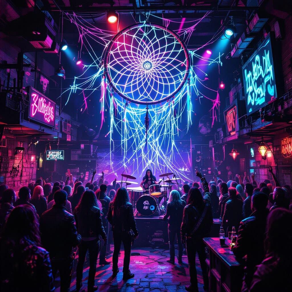 Vibrant Neon Dreamcatcher in Surreal Underground Bar