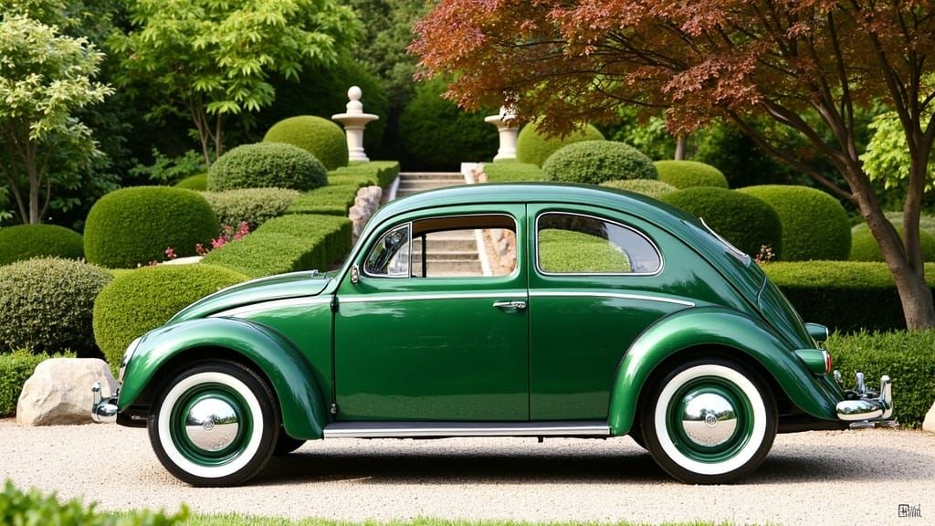 Japanese Garden Oasis with Vintage Volkswagen Beetle