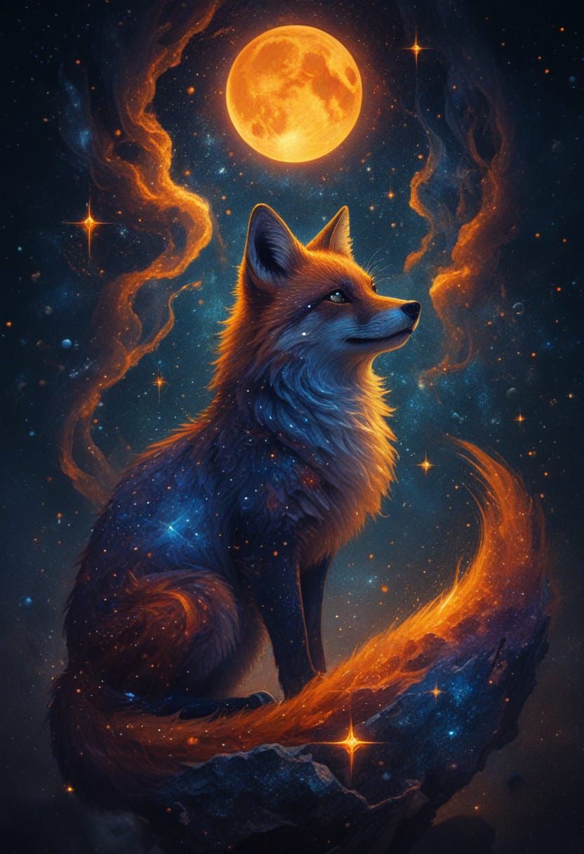 Celestial Fox Among Supernova Eyes in Cosmic Illustration