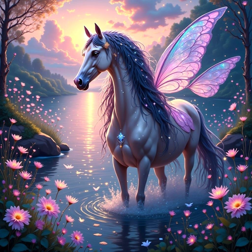 Romantic Twilight Fairy Washes Her Horse in a Shimmering Lak...