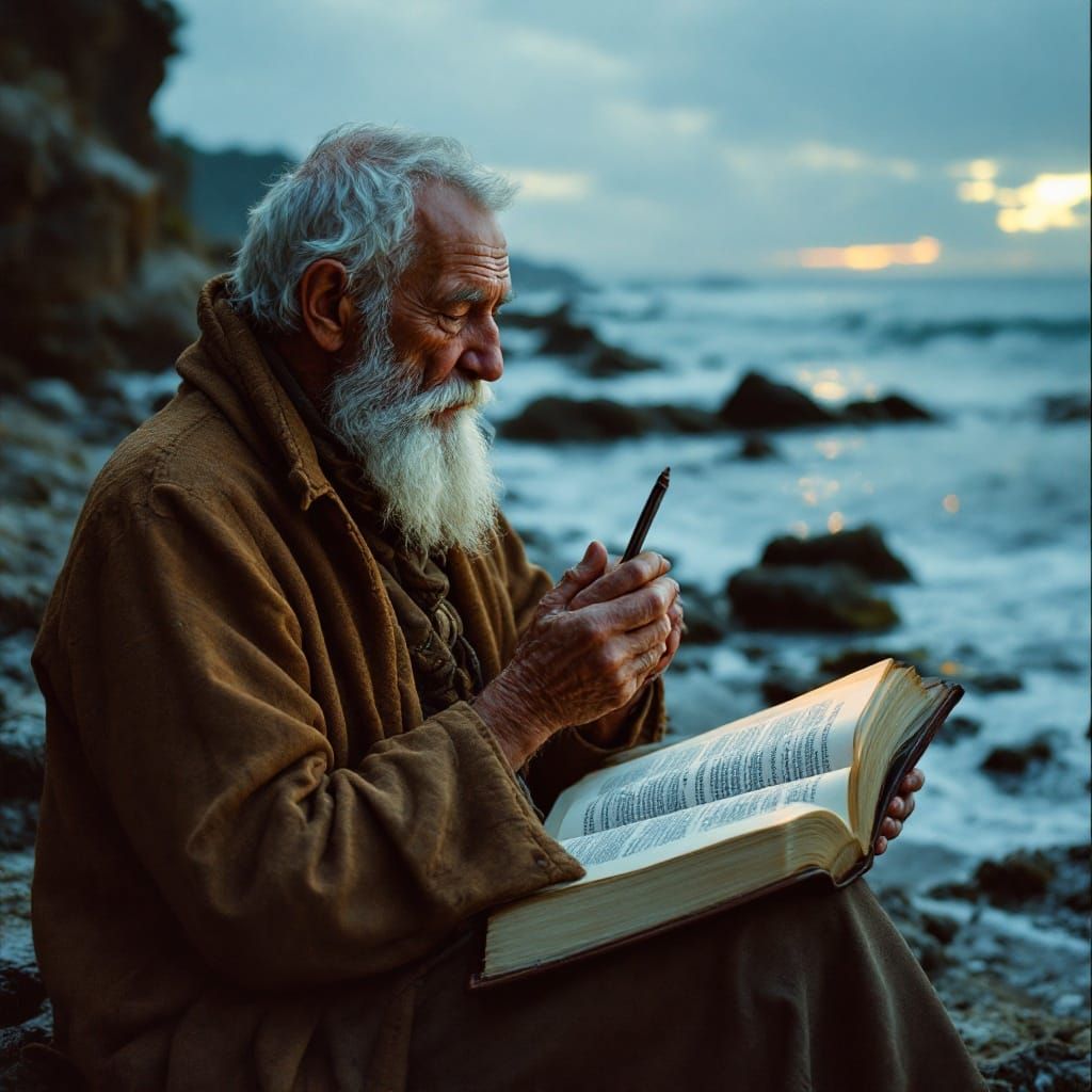 Old Man Reading Bible by the Seashore