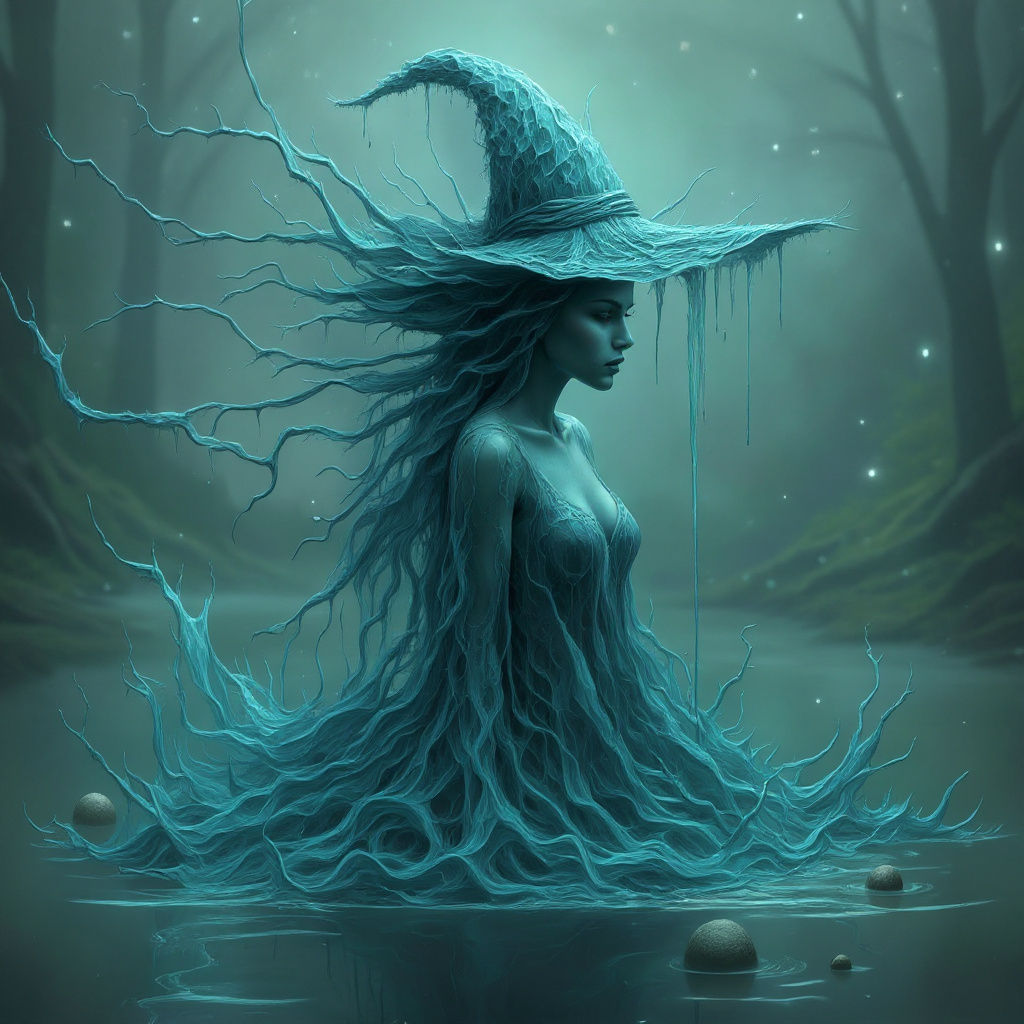 A Transparent witch made from water rising up out of a Misty river. <lora:Magical Water Flux:1.0> <lora:River Witch:1.0>...