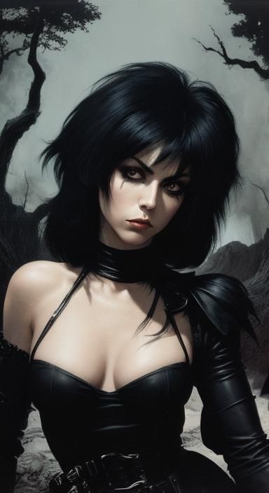 Gothic Woman in Dark Forest, Frazetta-Style