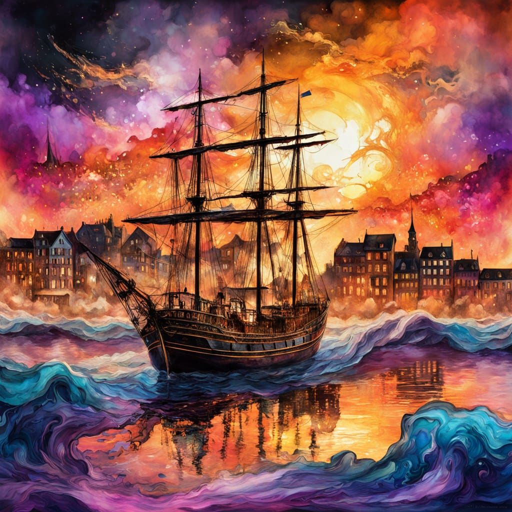 Golden Sunset Over European Harbor in Surreal Double Exposur...