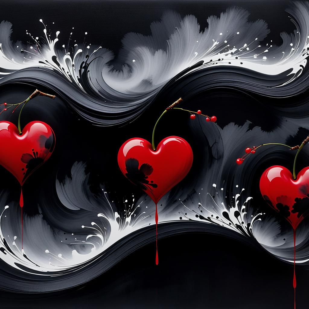 Serene Cherry Heart in Sumi-e Ink Style