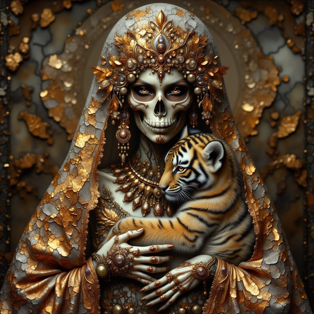 Indian Skeleton Woman with Tiger Cub