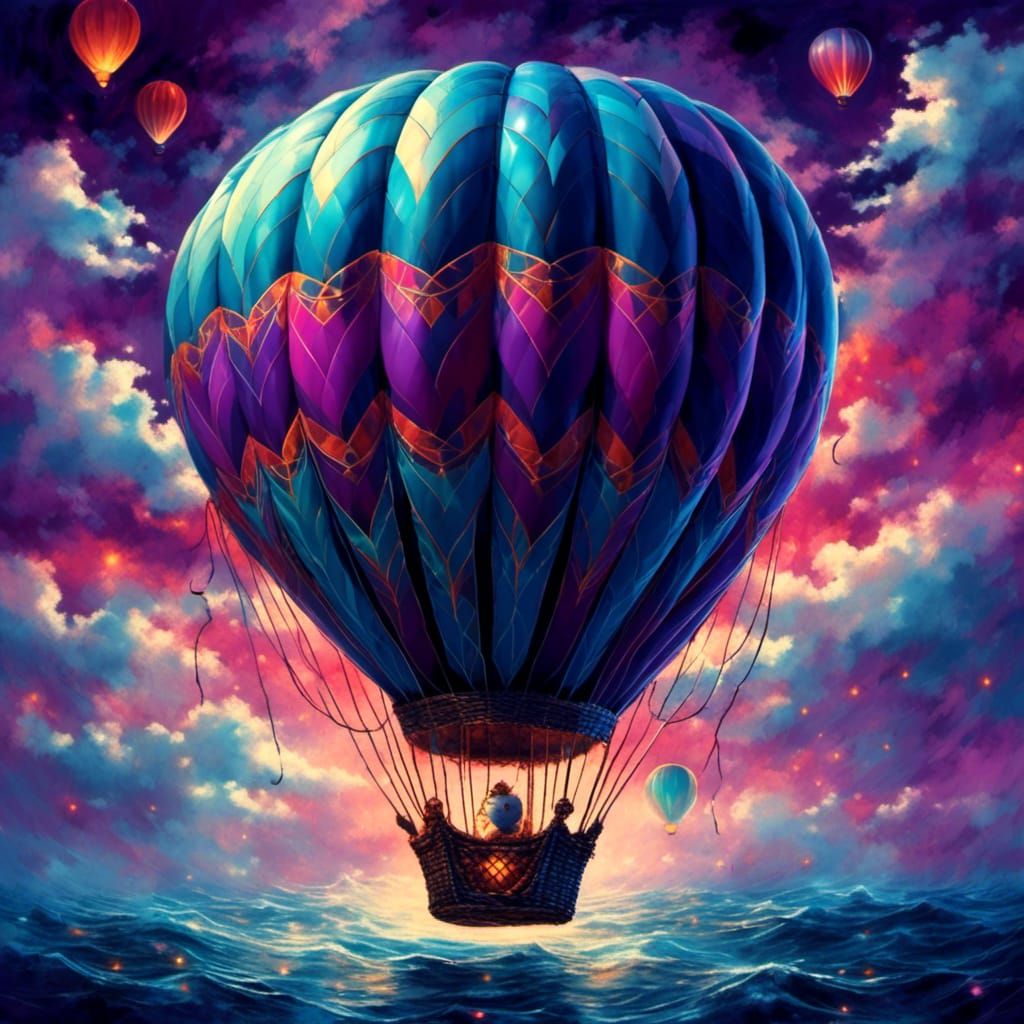 Majestic Hot Air Balloon Above Starry Ocean, Digital Art