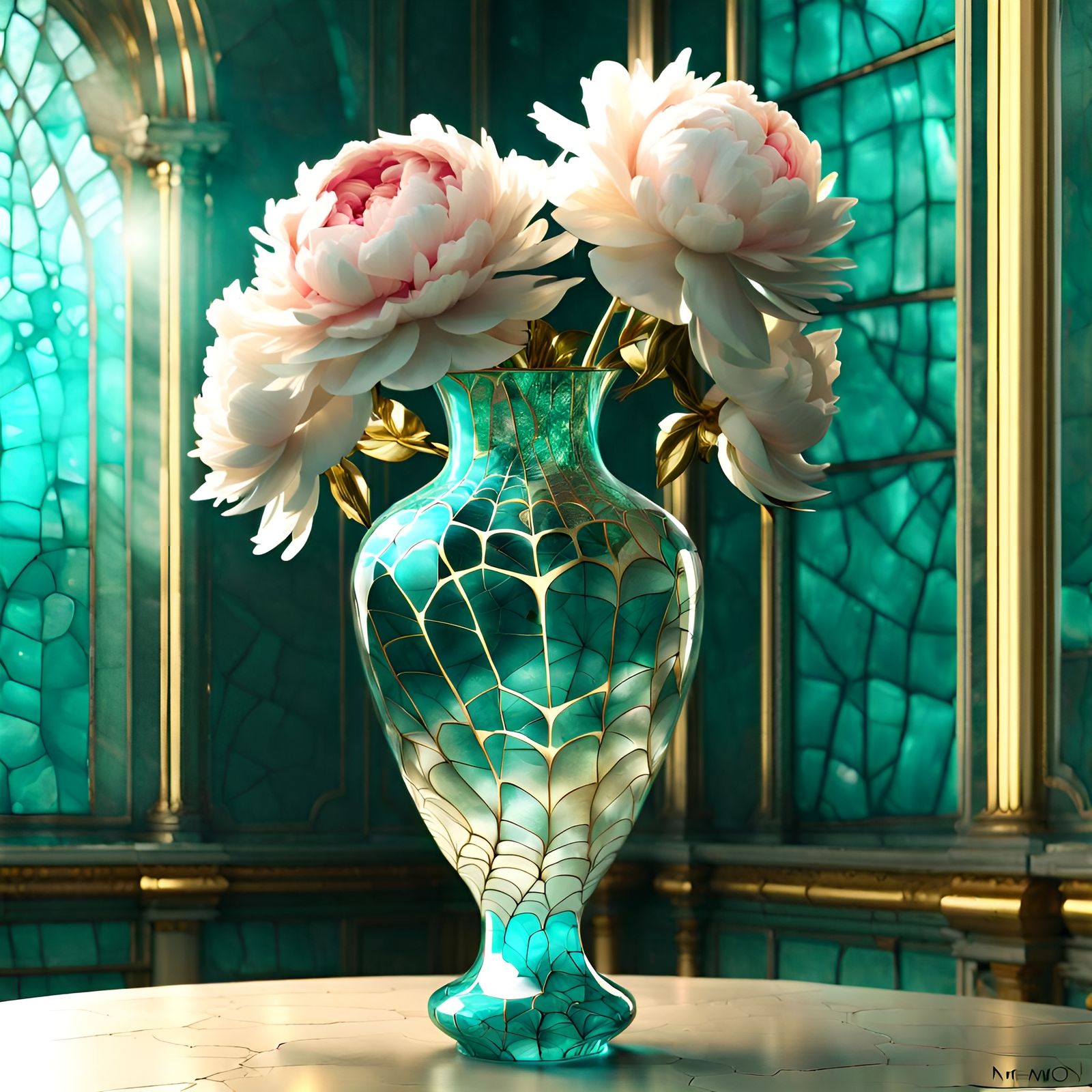 Peonies in Fractal Glass Vase, Photorealistic CGI