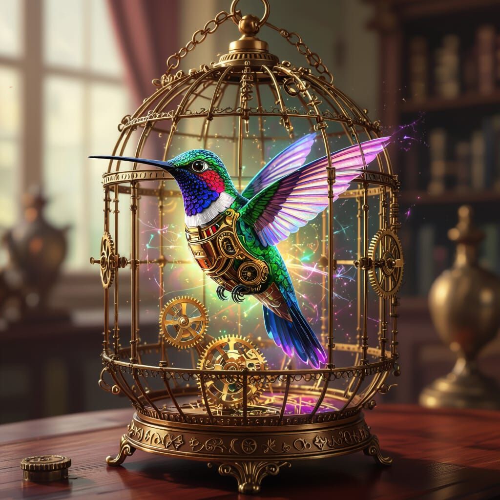 Mechanical Hummingbird in Steampunk Birdcage
