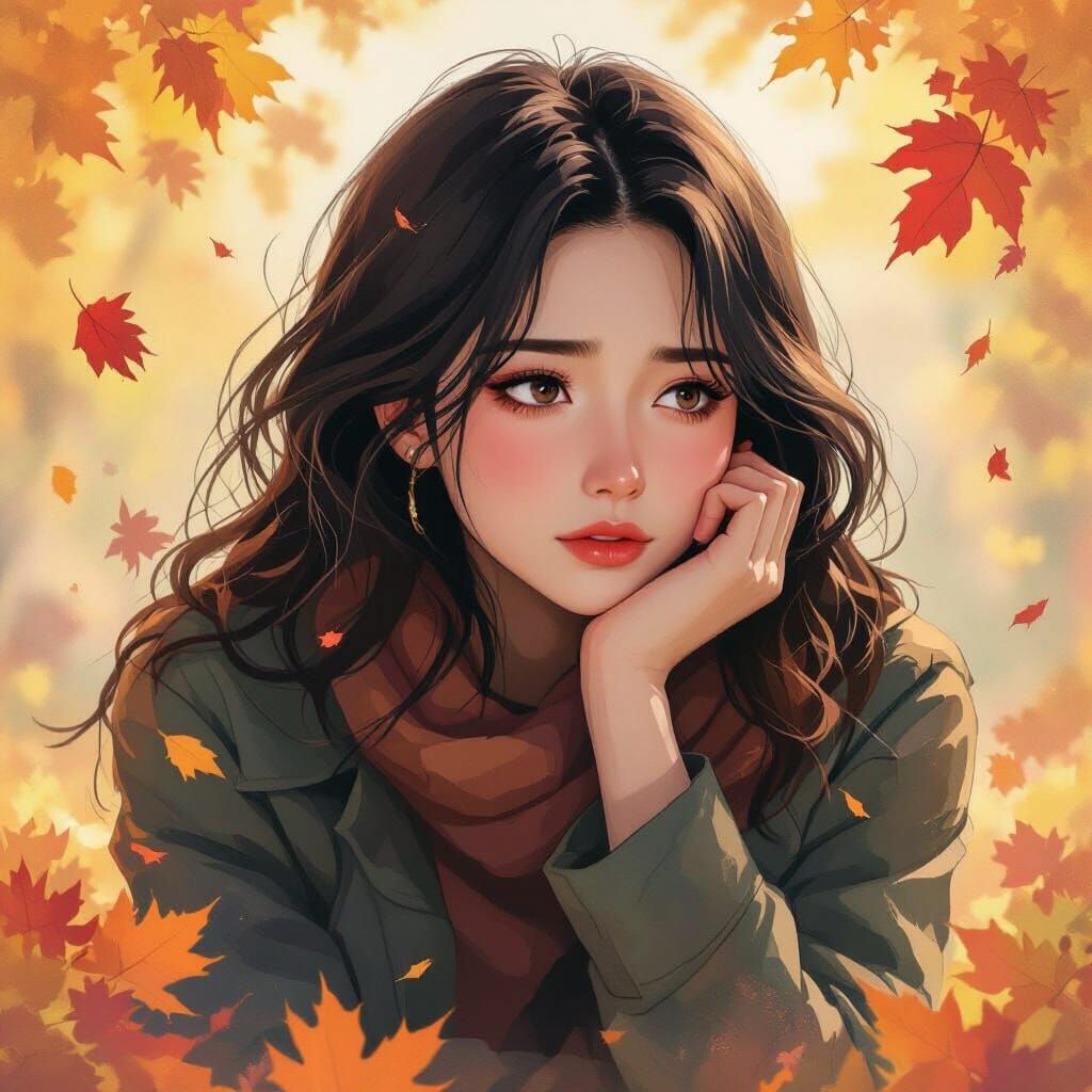 Contemplative Woman in Autumn, Watercolor Digital Art