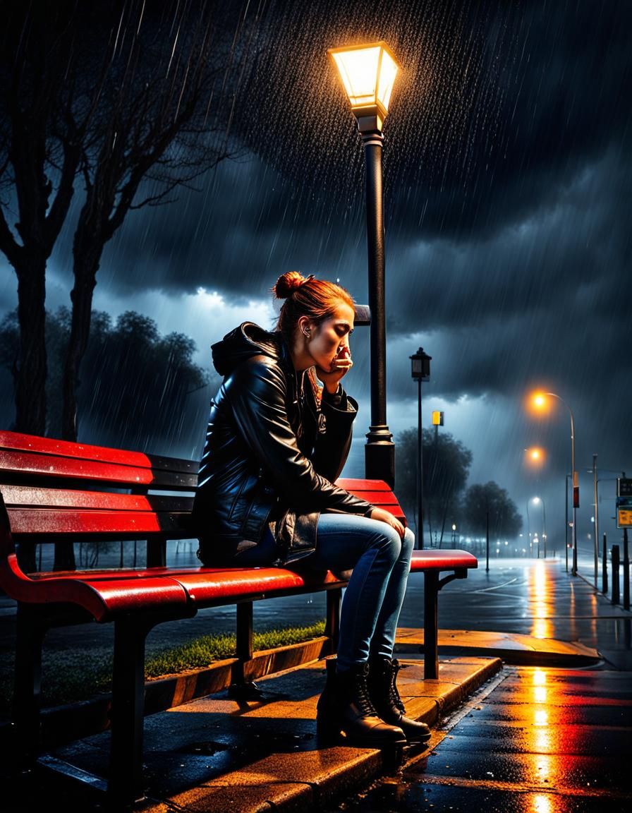 Girl Crying in Rainy Night with Dripping Sky
