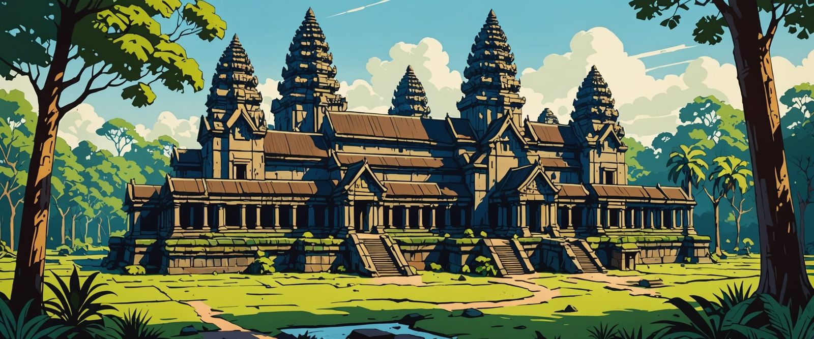 Angkor Wat Temples in Lush Jungle, Bright Afternoon Light