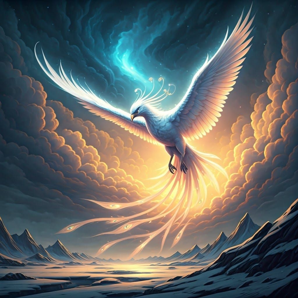 White Phoenix Soaring Through Icy Sky