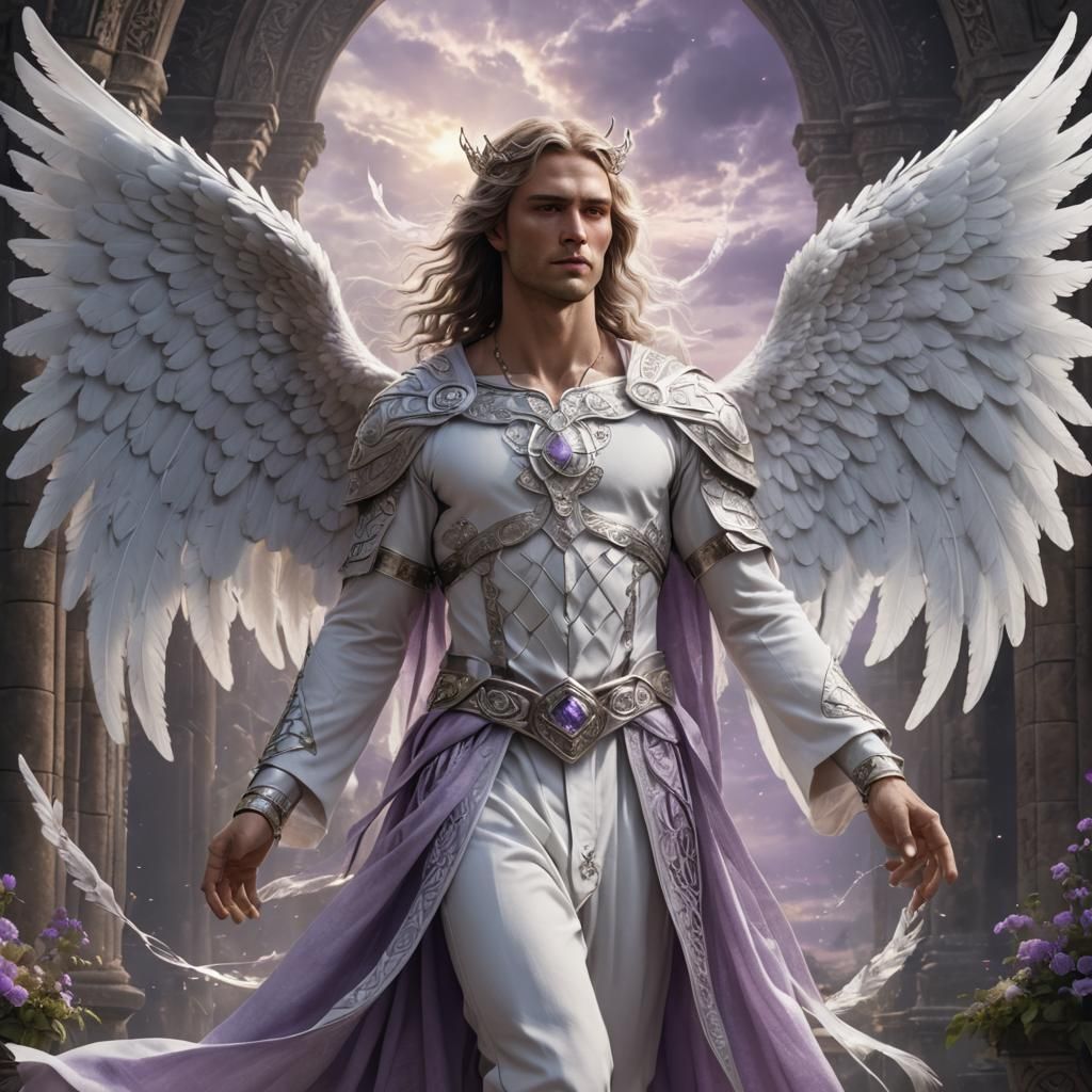 A male fantasy angel with amazing wings, white long angelic ...