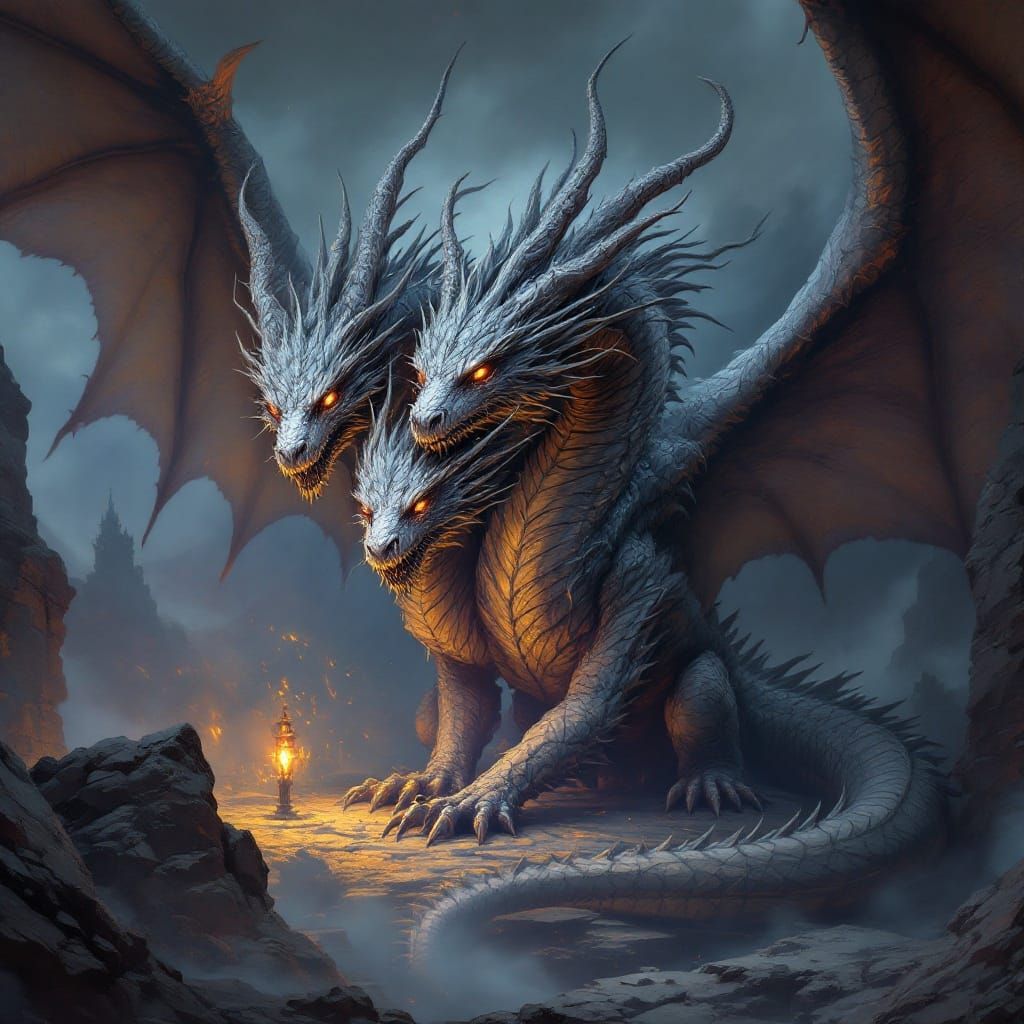 Majestic Stonegrey Dragon in Dark Fantasy Art Nouveau Style